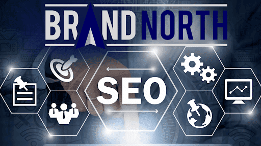 A digital marketing graphic highlighting seo (search engine optimization) with various related icons and the text 